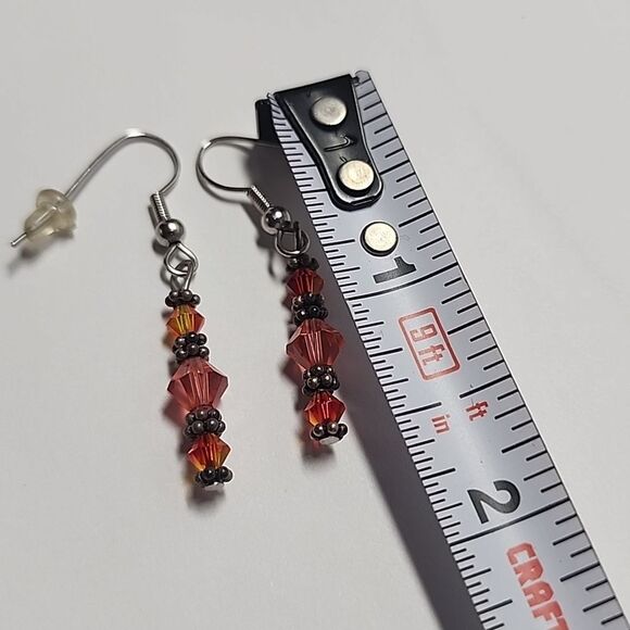 Orange Pink Red Beaded Dangle Earrings With Sterling Silver 925 Beads - Picture 3 of 3